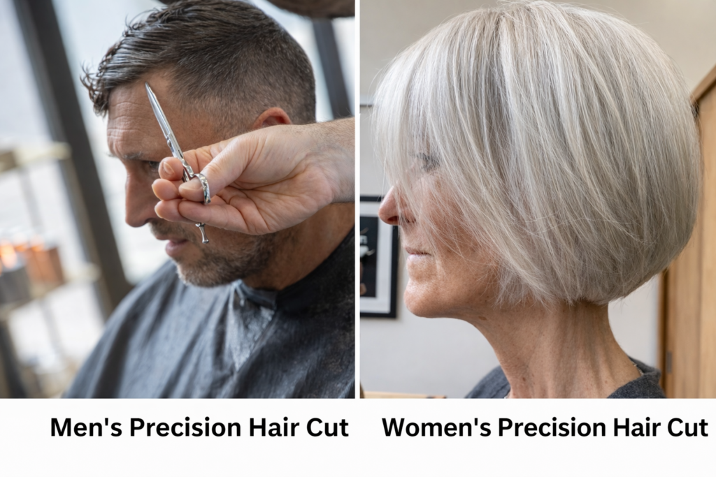 Men's and women's precision haircuts at Uffizi Hair salon in Battersea, London — showing a scissor cut for men and a sleek silver bob for women