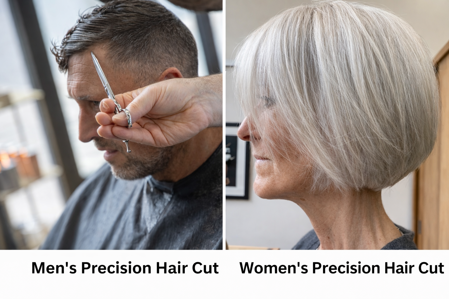 Men's and women's precision haircuts at Uffizi Hair salon in Battersea, London — showing a scissor cut for men and a sleek silver bob for women